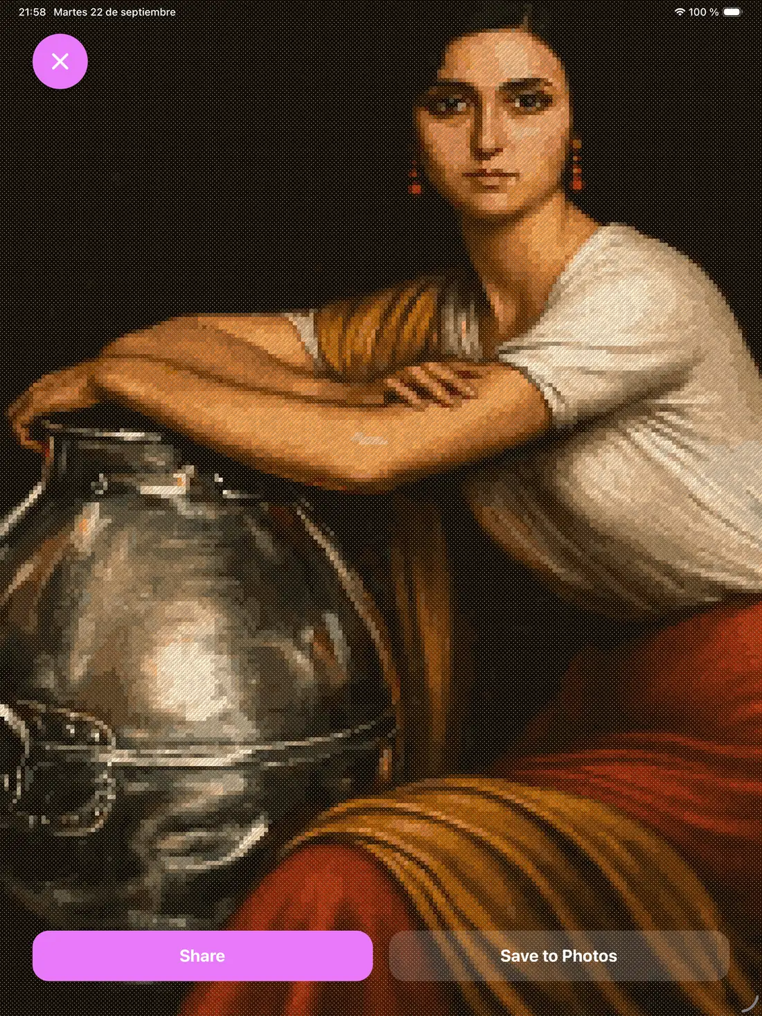 Vista previa de la exportación como imagen bordada: un retrato al óleo convertido en punto de cruz, con textura de hilo y de tela sobre fondo oscuro.