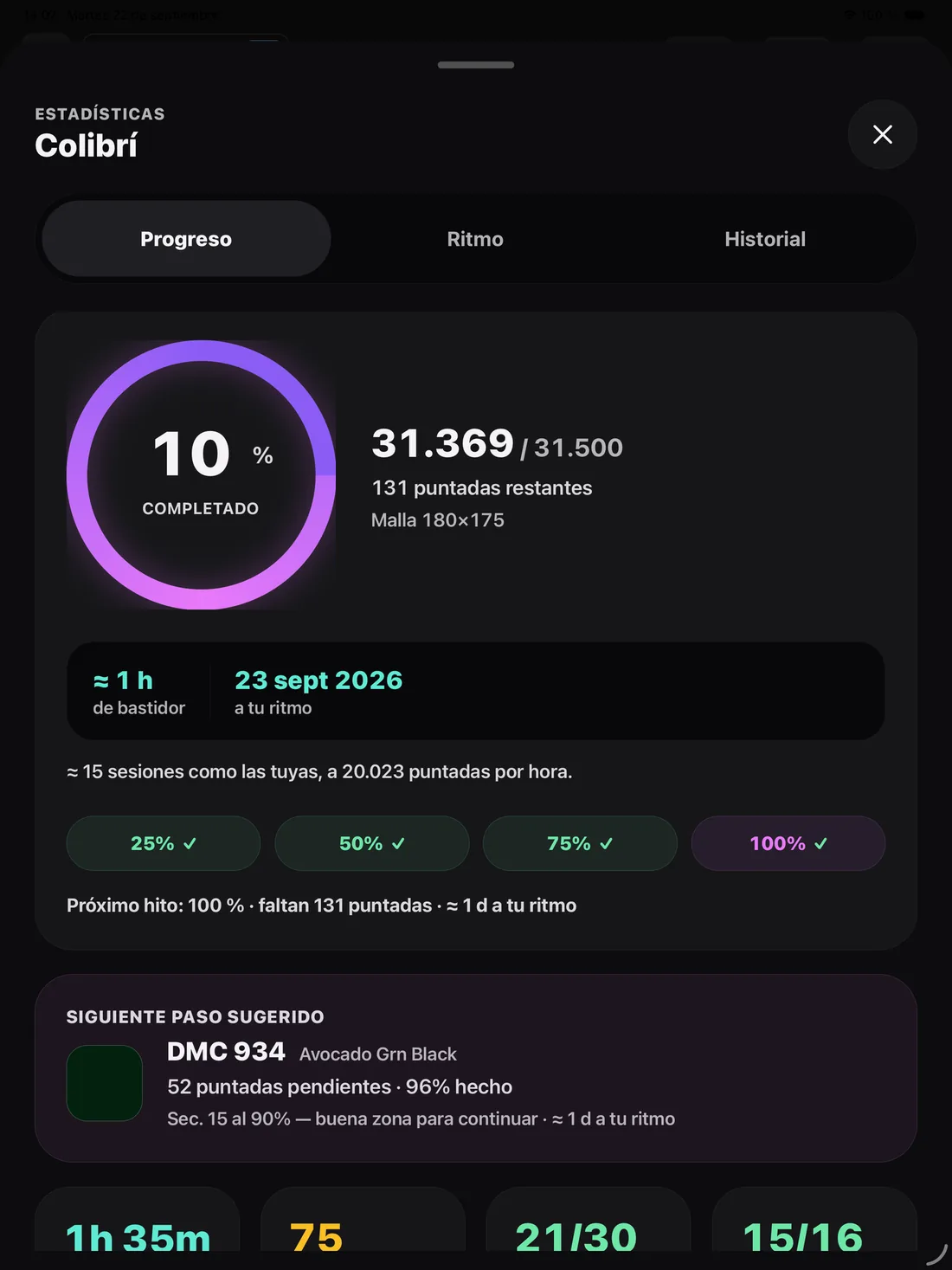 Panel de estadísticas de Follow Along, pestaña Progreso: un anillo con el 10 % completado, 31.369 de 31.500 puntadas, los hitos del 25 al 100 % y el siguiente hilo sugerido.