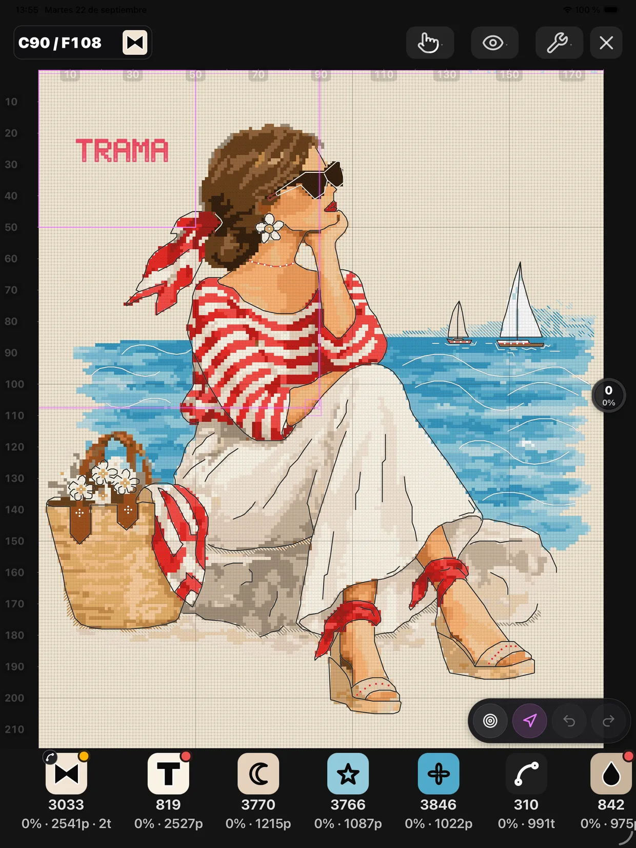 Follow Along con el patrón completo en pantalla: una mujer sentada frente al mar, la rejilla de coordenadas alrededor y la tira de hilos con su progreso al pie.